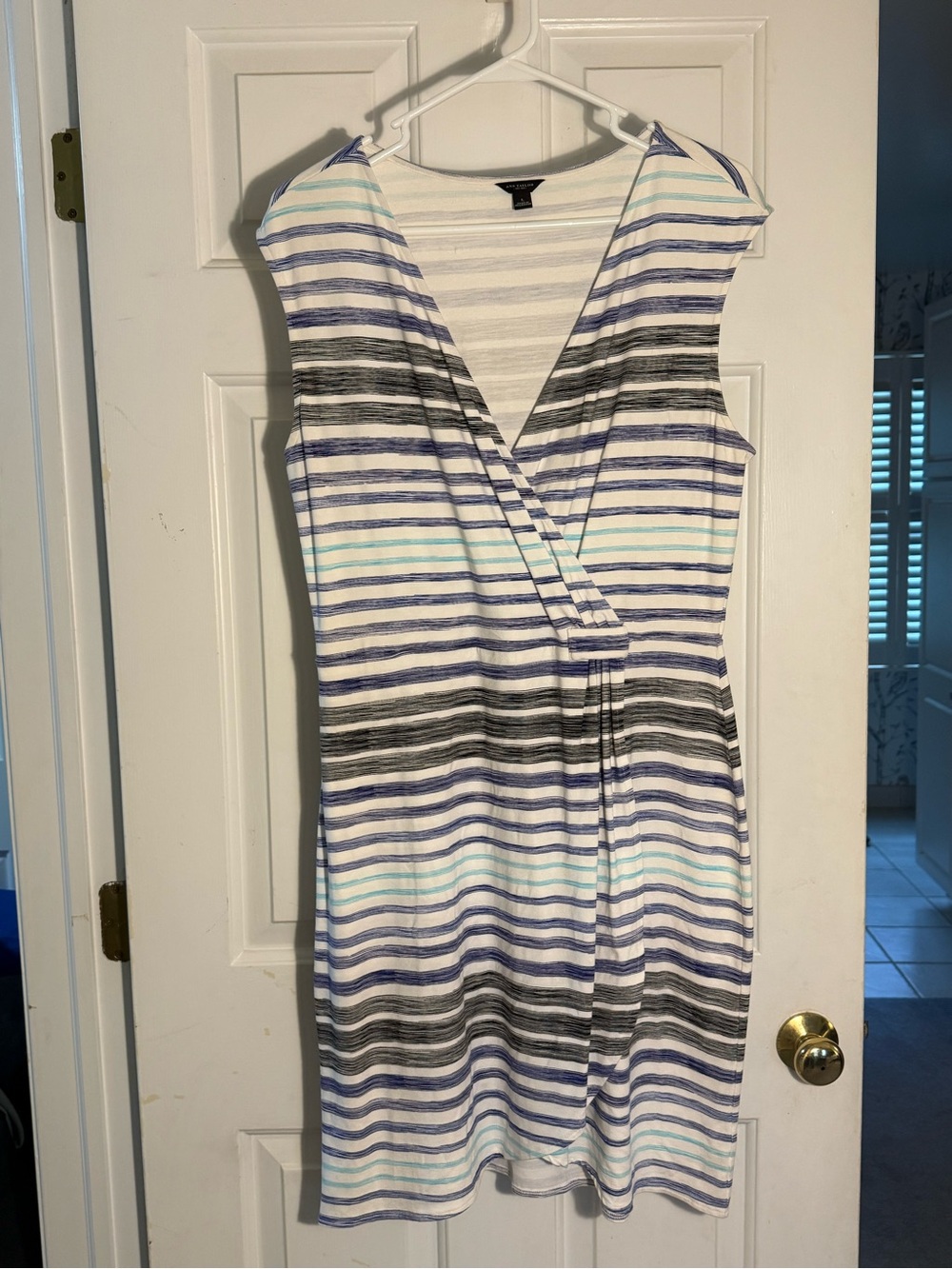 Ann Taylor Sleeveless Striped Wrap Dress in White, Blue & Gray